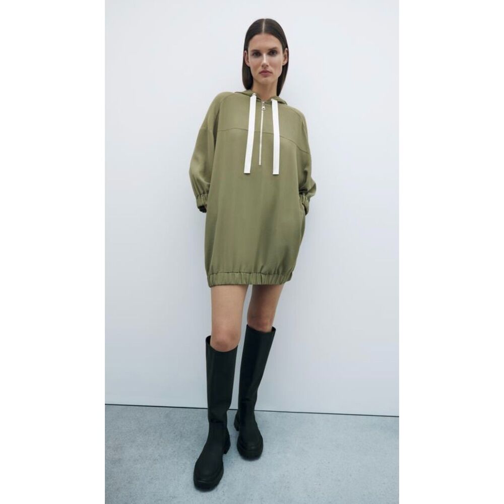ZARA Hooded Track Style Dress with Grosgrain Ribbon Drawstring, Sz XL